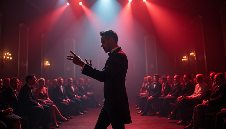 Eye-level view of a magician performing a psychological illusion at an elegant gala event