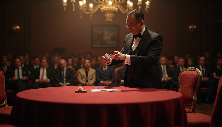 Eye-level view of a magician performing an elegant card trick on stage at a banquet hall