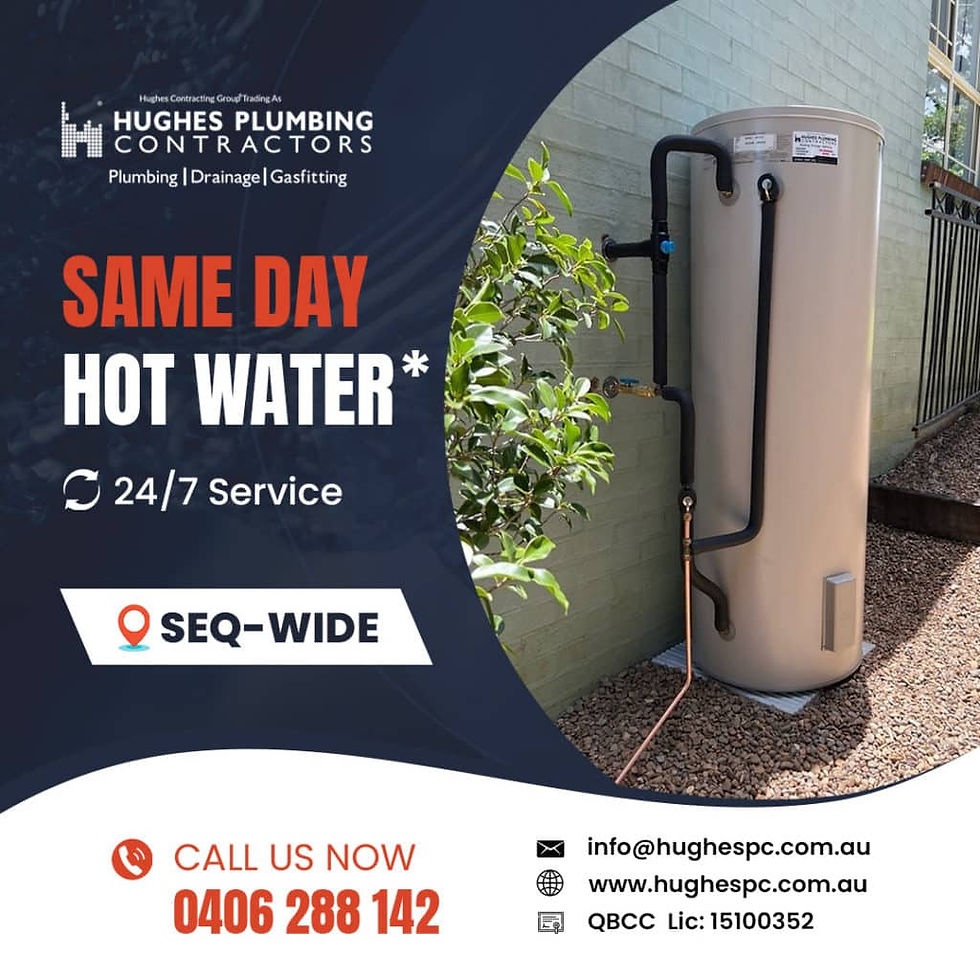 A graphic including the Hughes Plumbing logo and all of their contact details and QBCC number. As well as a photo of an electric hot water system and the text "Same Day Hot Water* 24/7/ Service SEQ Wide"