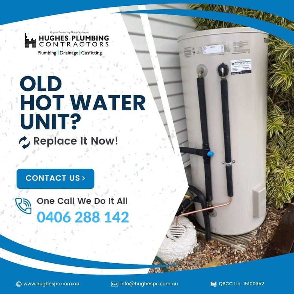 A graphic in Hughes Plumbing Contractors colours with their logo, contact details and QBCC Licence number as well as the text "Old hot water unit? Replace it now"