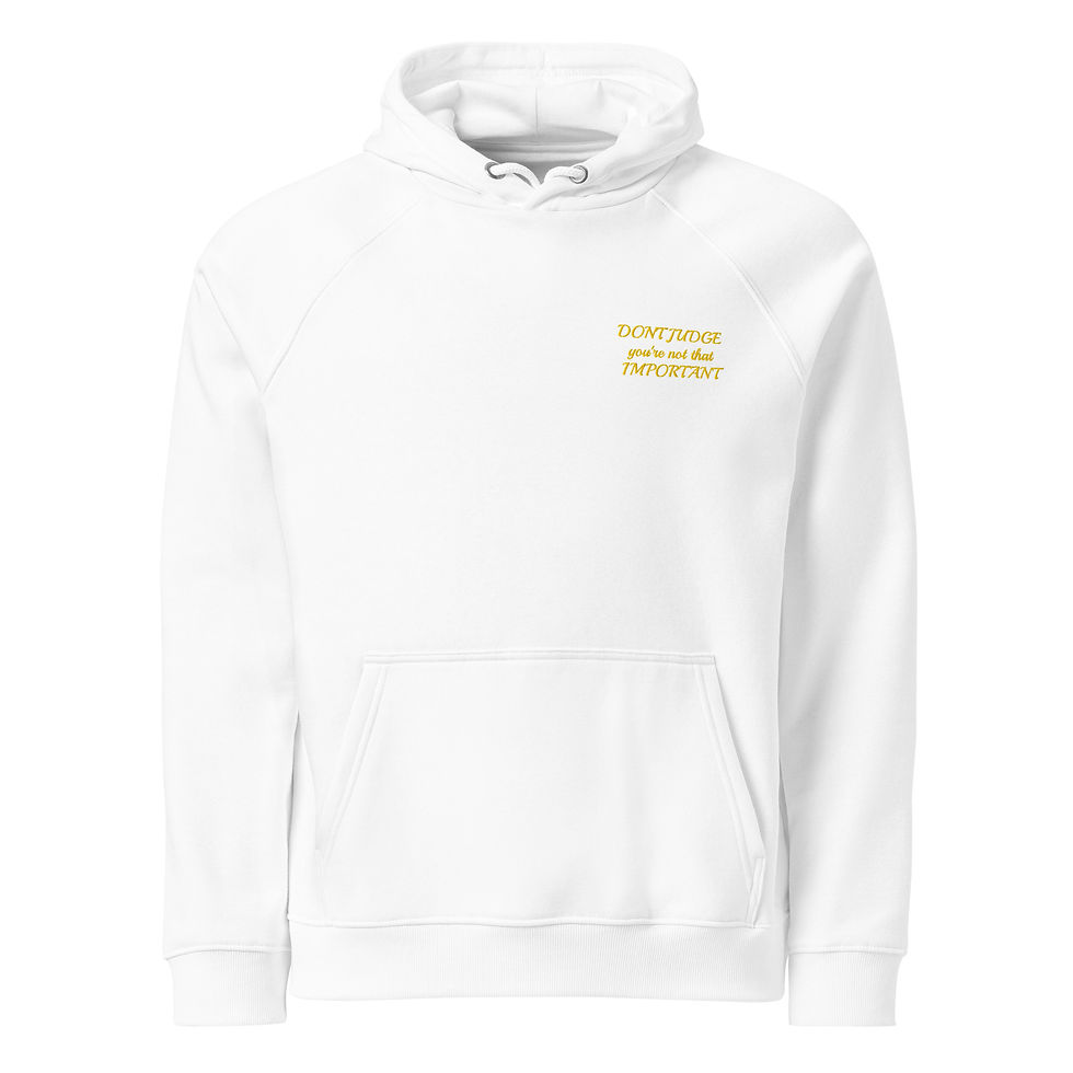 Thumbnail: Unisex eco raglan hoodie (Don't Judge you're not that important) gold print