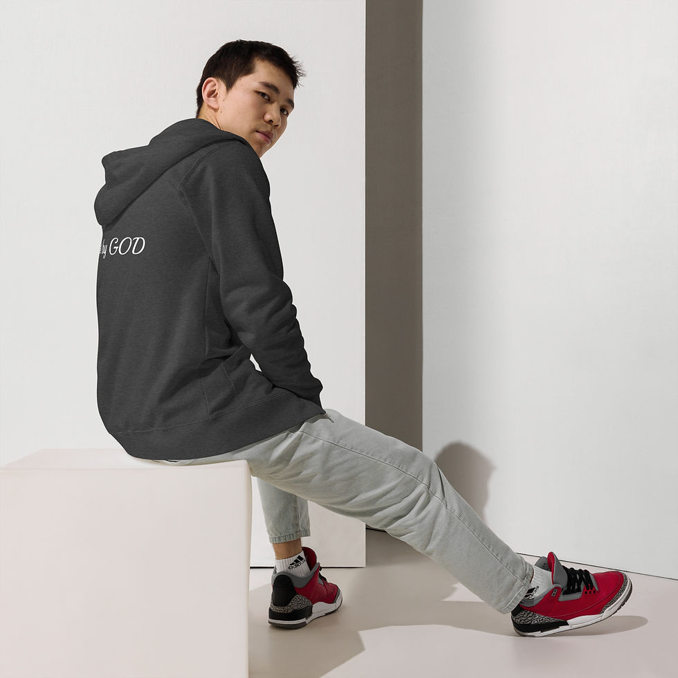 Thumbnail: Unisex fleece zip up hoodie (overlooked?) front (not by God) back white