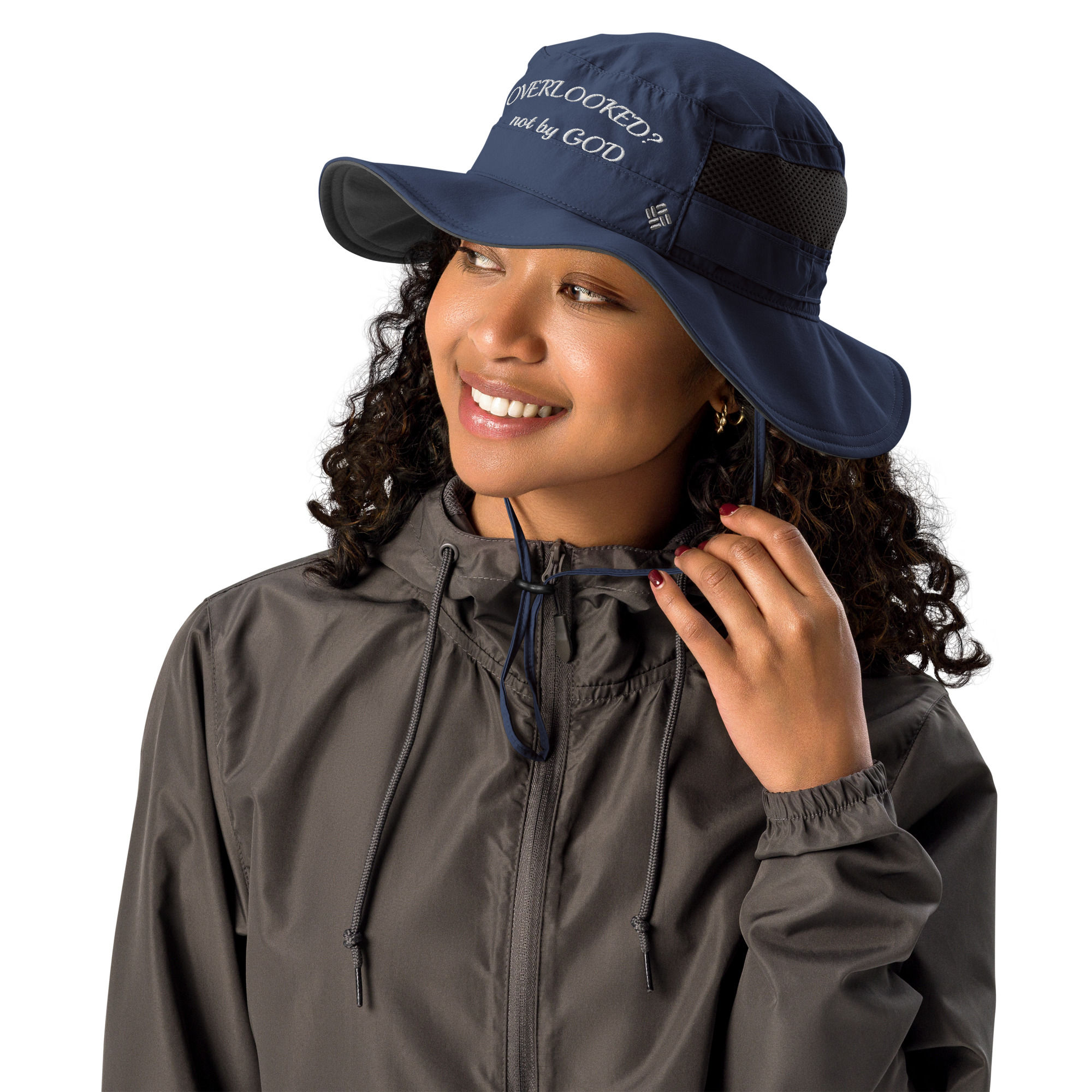 Columbia booney hat (overlooked? not by God) white print