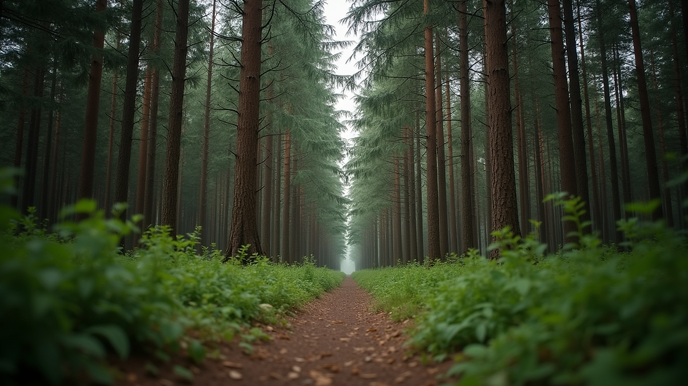 Eye-level view of a serene forest path surrounded by tall trees