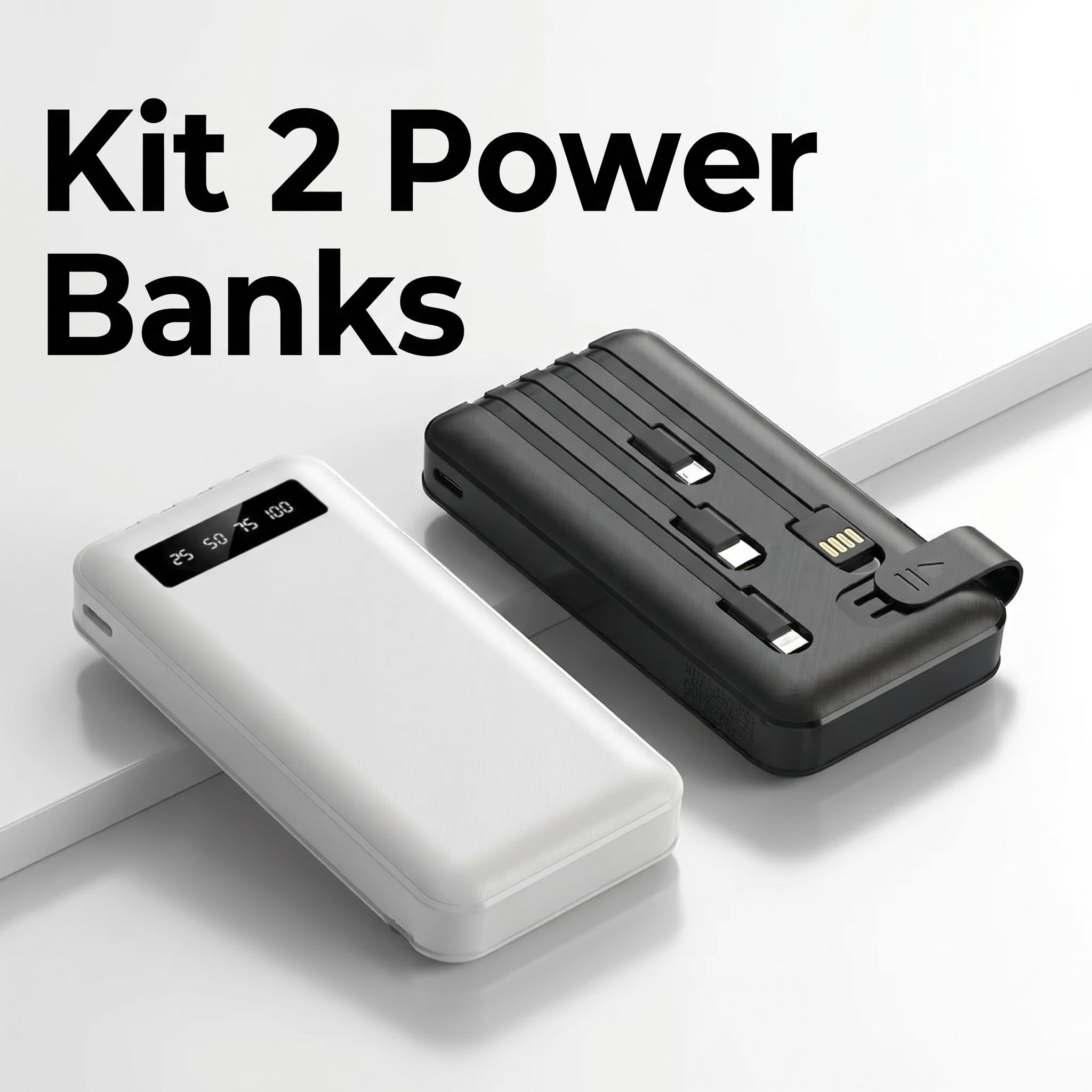 Kit com 2 Carregadores Power Bank Portátil 20000mah Universal Saida 4 Cabos