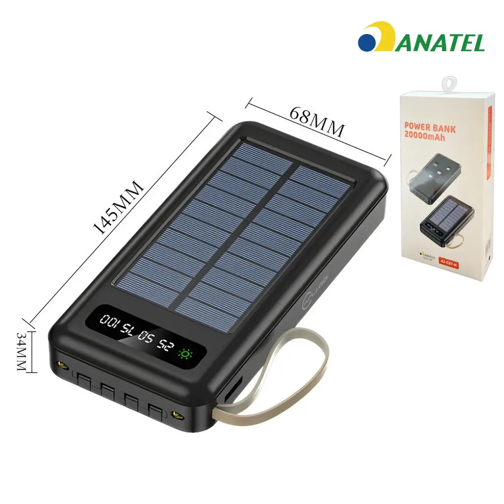 Carregador Portátil Solar 20000mAh PowerBank USB Rápido Display Digital