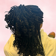 Black mid-back length curly tips Kinky Twists, half in ponytail & half hair down