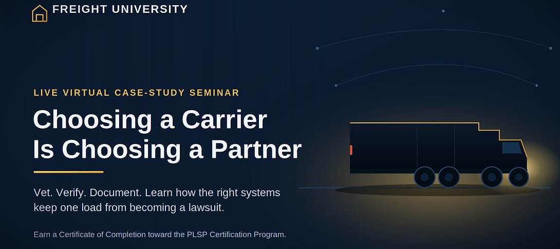 Live case-study seminar for brokers, carriers & owner-operators. Learn to vet carriers, read FMCSA safety data, and document the deal. Earn a certificate. Limited seats.