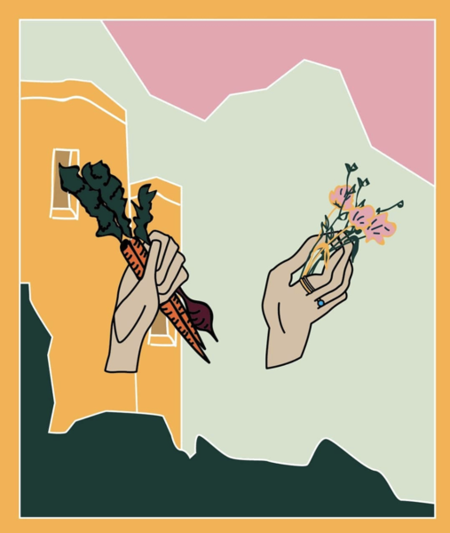 A digital illustration of two disembodied hands, one holds carrots and a beetroot, the other holds three wildflowers ans wears two delicate rings.