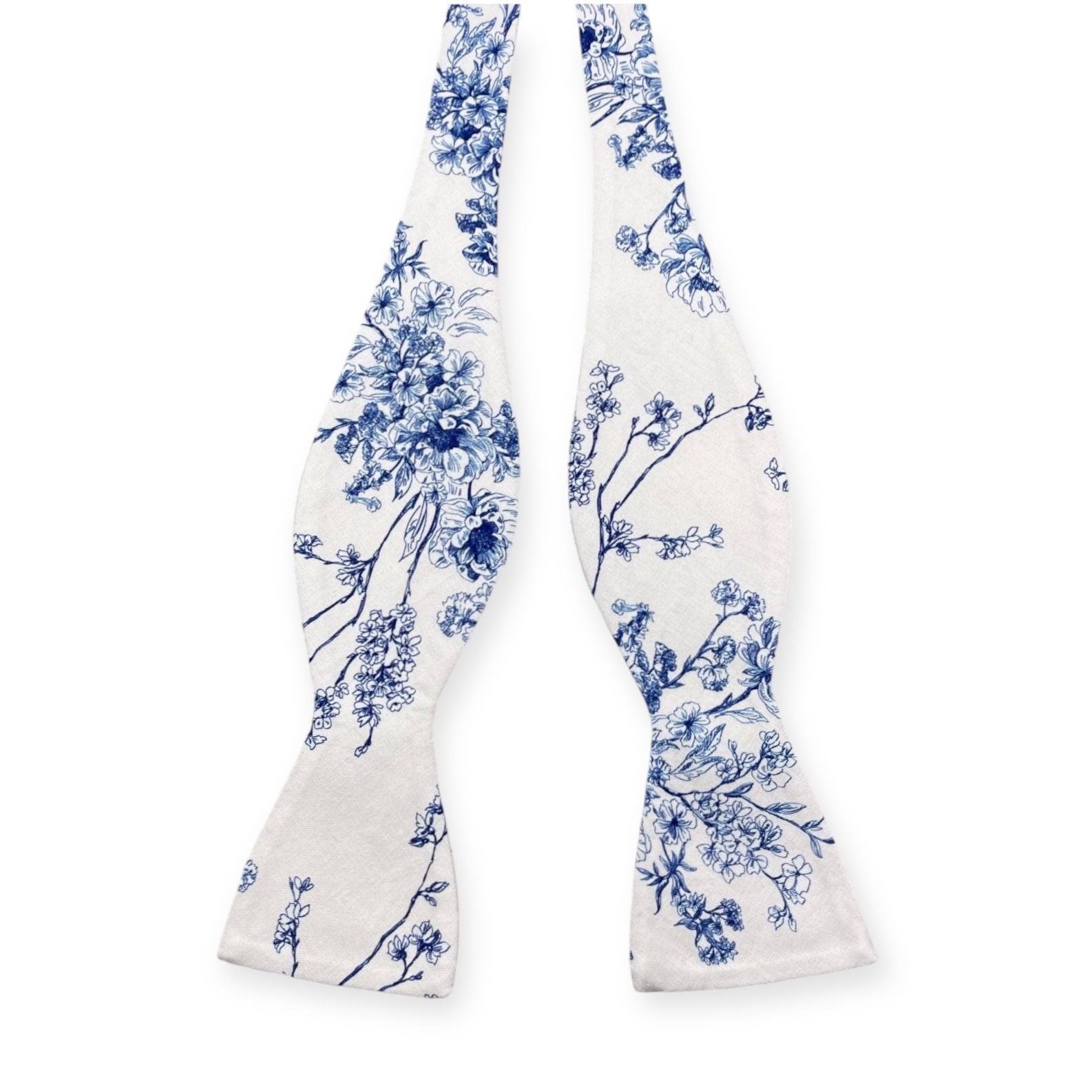 White with Sapphire Blue French Toile Floral Bow Tie