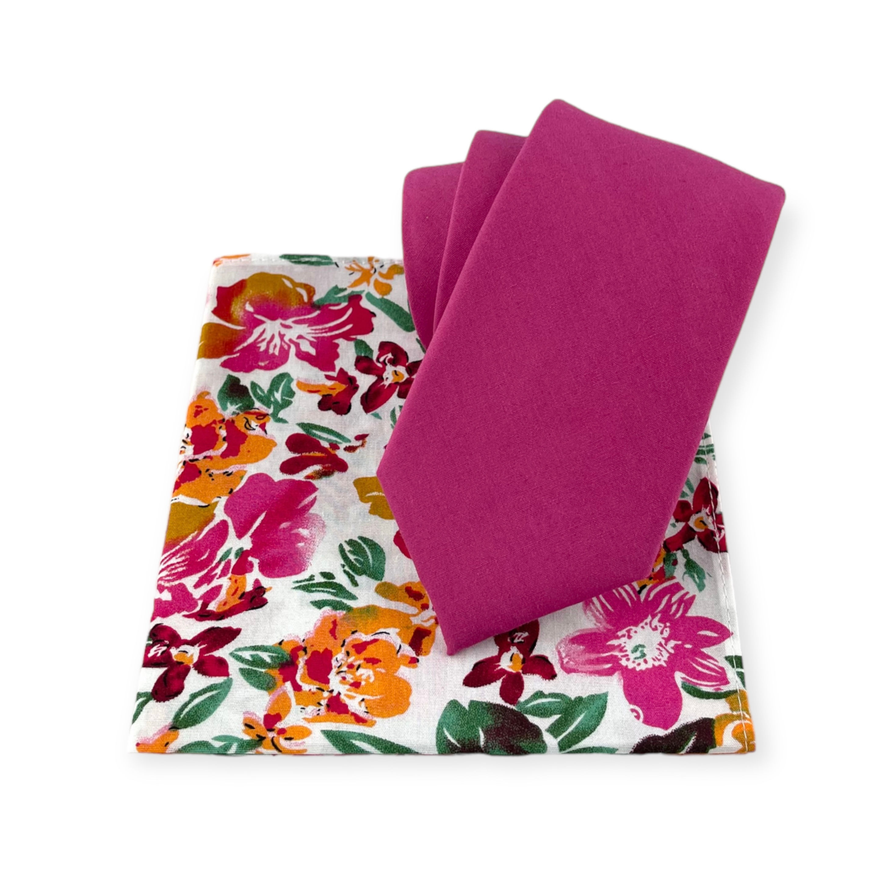Deep Fuchsia Slim Necktie & Floral Pocket Square Set