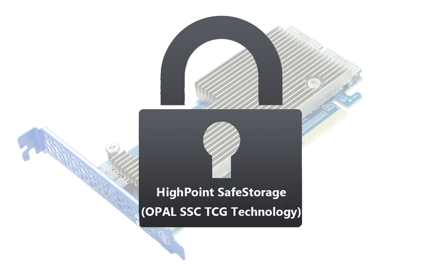 HighPoint SafeStorage (OPAL SSC TCG Technology) lock icon over Rocket 7624A RAID adapter