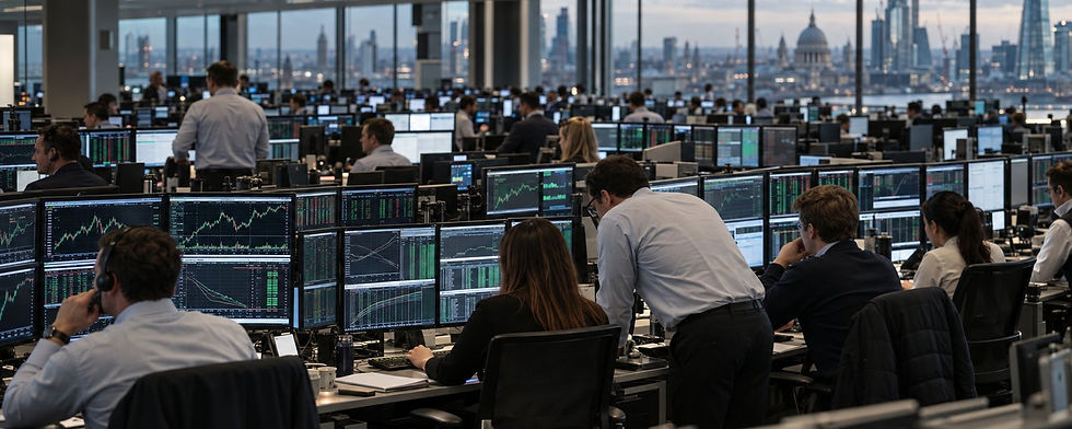 Traders at multi-screen desks on a London trading floor