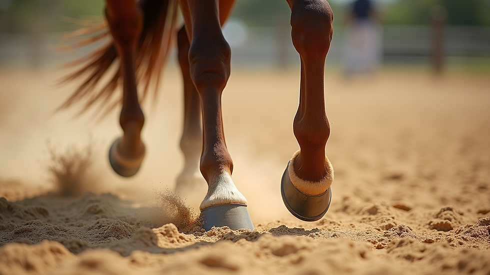 Close-up view of a horse’s hooves walking on a sandy arena surface