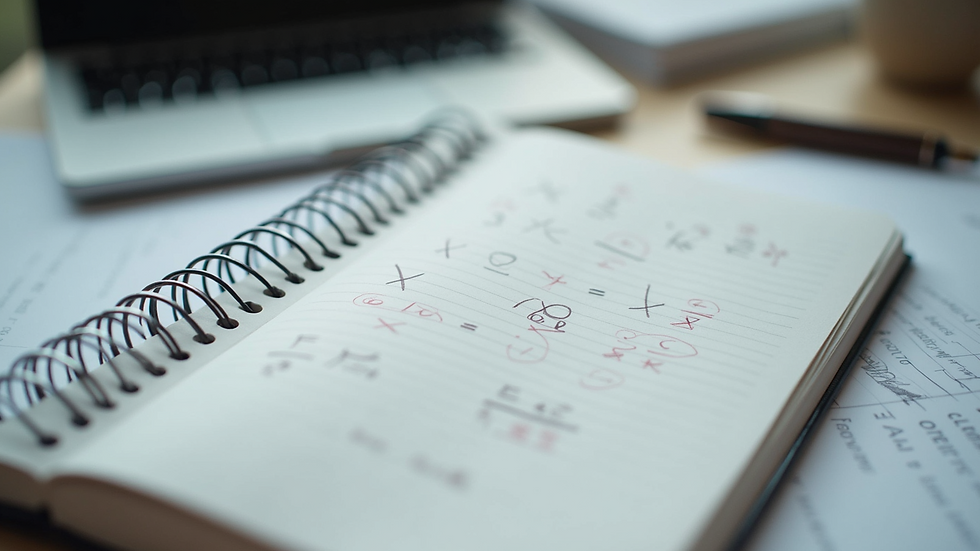 Close-up of a notebook with maths problems and English notes