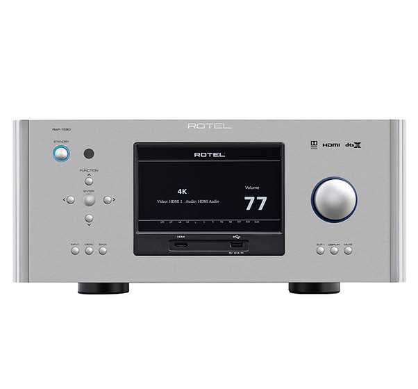 Rotel RAP1580 Mk2 AV amplifier shown in silver,