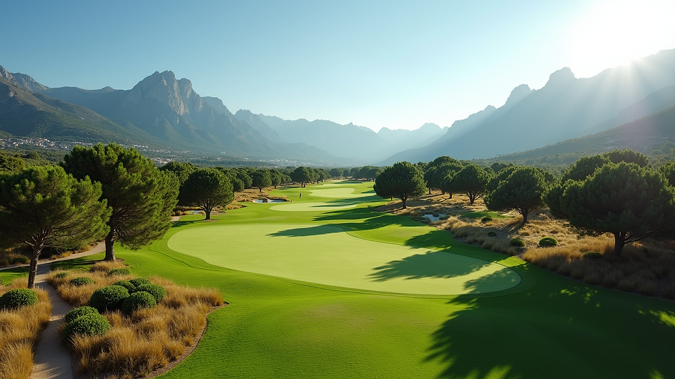 High angle view of a golf course surrounded by mountains near Alicante