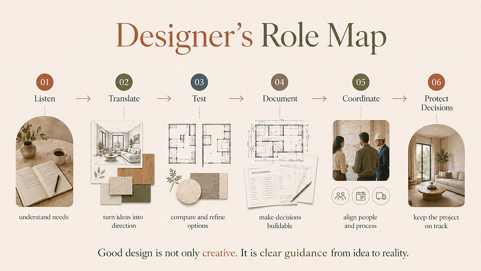 Infographic titled Designer’s Role Map showing six steps: listen, translate, test, document, coordinate, protect decisions.