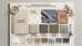 Israeli home renovation material board with tile, fabric, wood, metal and color swatches labeled for durability on a neutral backdrop.