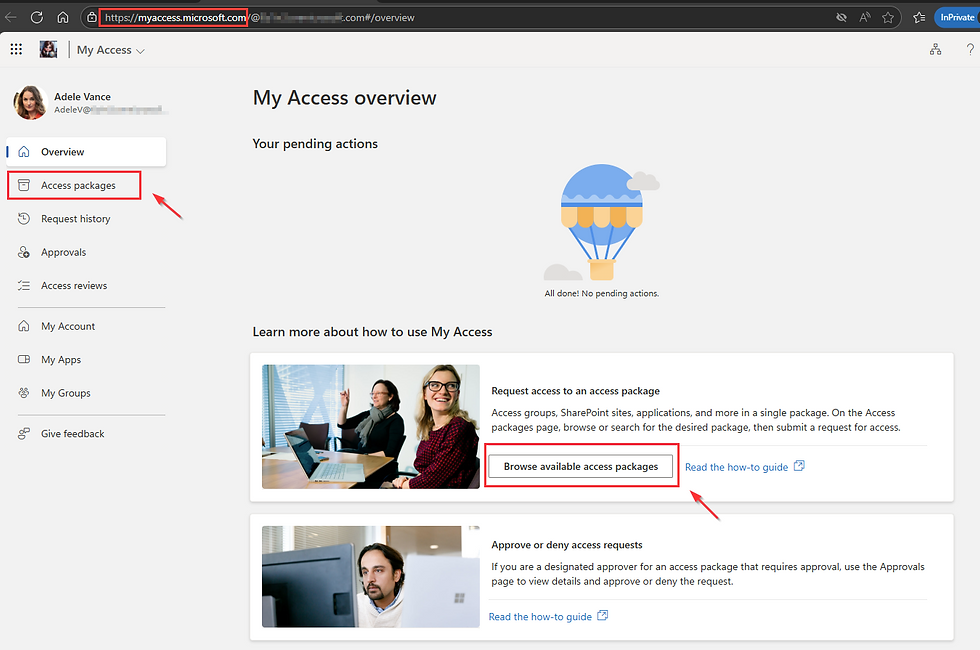 My Access dashboard with "Access packages" highlighted. Features an illustration and sections on requesting or approving access packages.