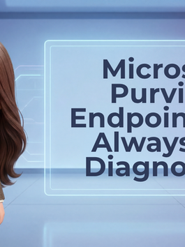 Cartoon woman with brown hair and glasses in a plaid suit stands smiling. Text reads "Microsoft Purview Endpoint DLP Always-On Diagnostics."