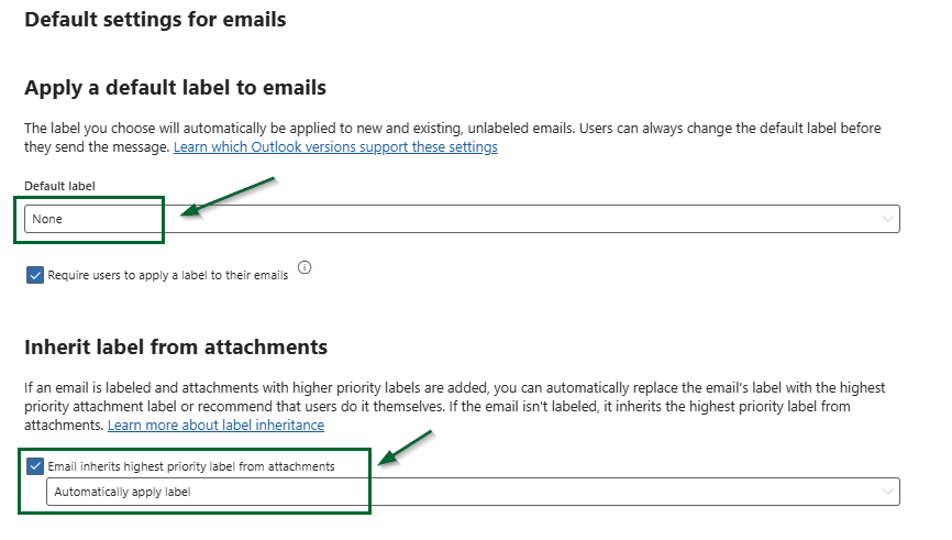 Default settings for emails