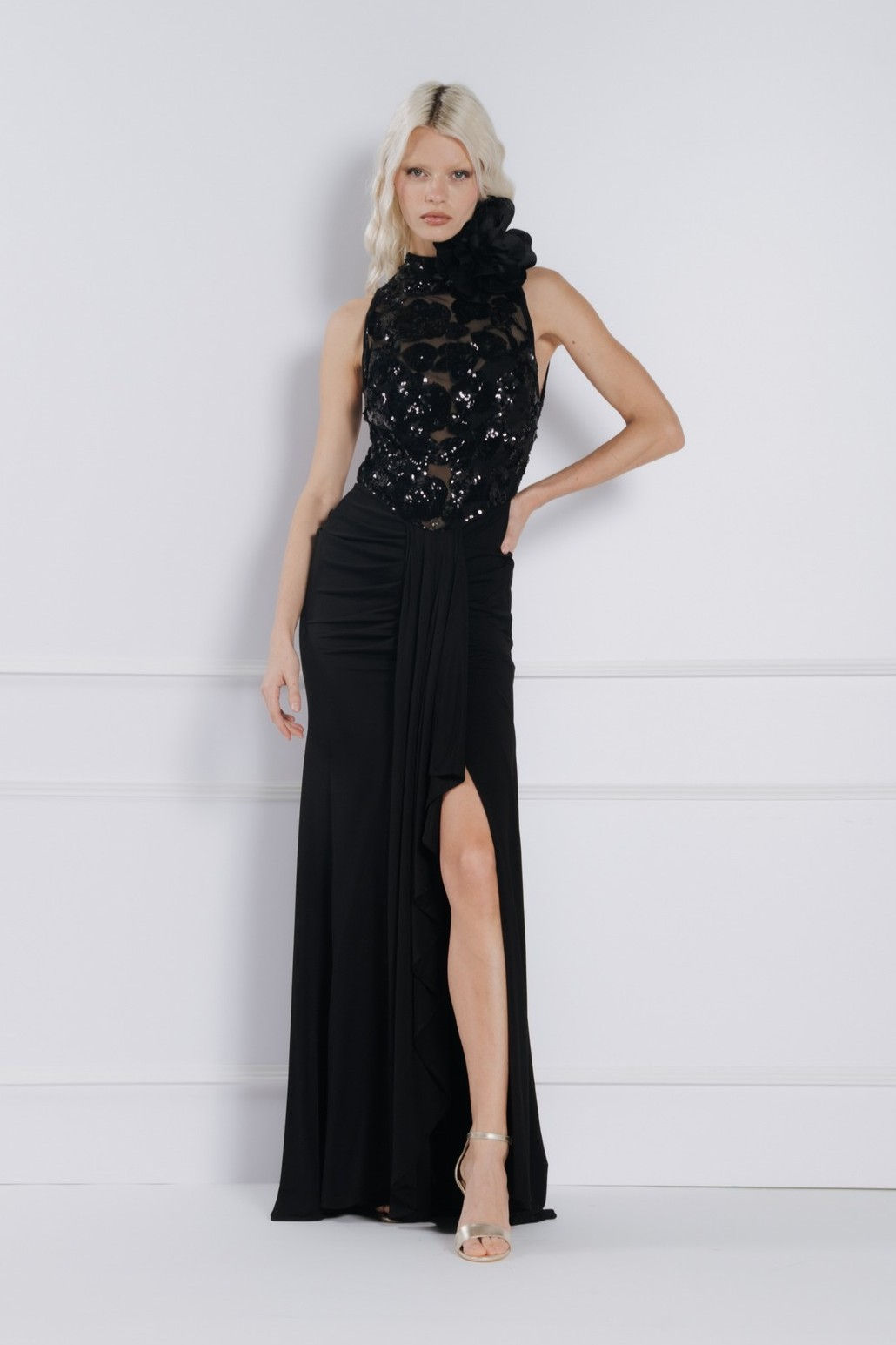 Long gown with sequin top and flower
