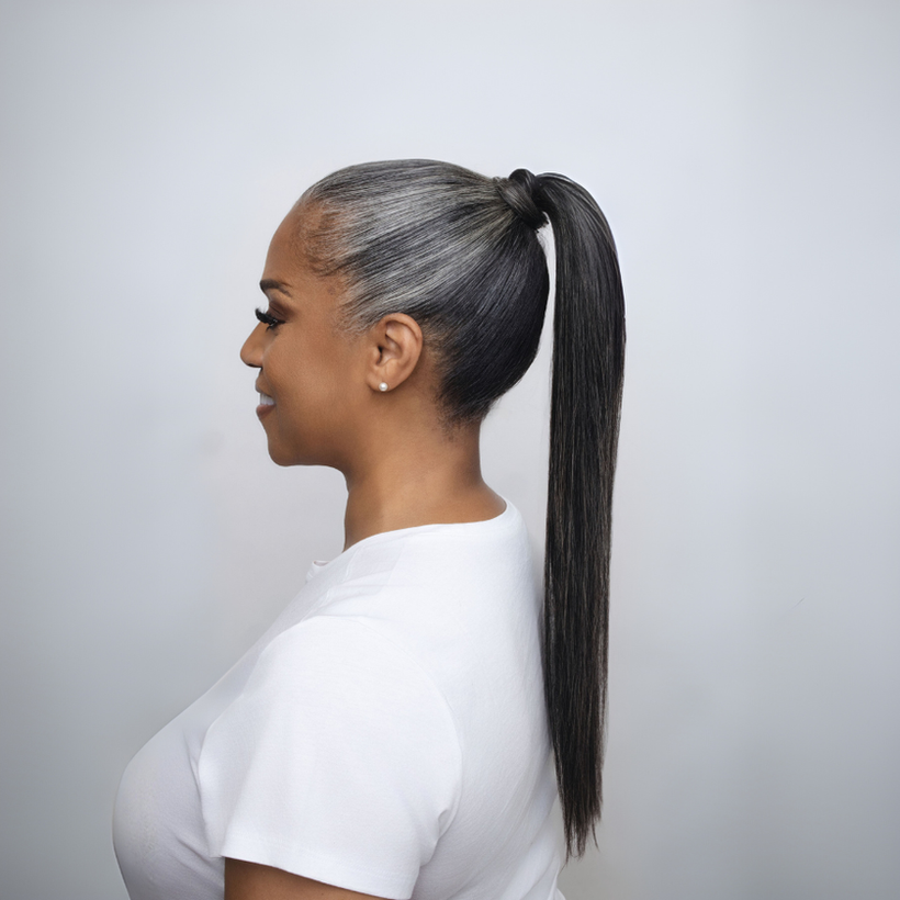 High ponytail styled with Studio Techilo wavy grey clip in extensions