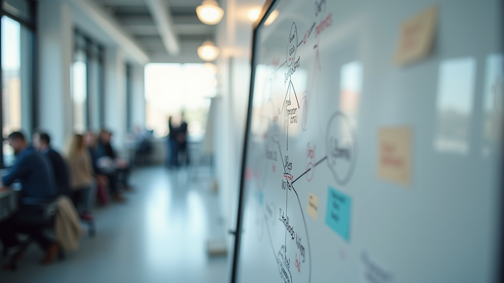 Close-up view of a modern workspace with a brainstorming session on a whiteboard