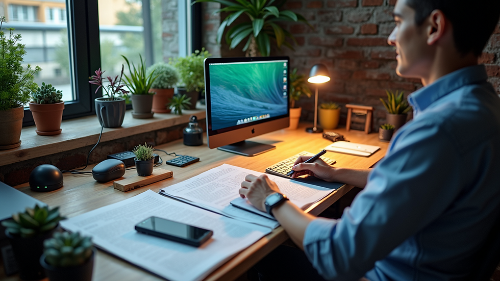 High angle view of a collaborative workspace filled with technological tools