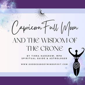 Capricorn full moon wisdom and crone goddess blog graphic with crescent moon and goddess symbol on purple starry background by Goddess Body Mind Spirit