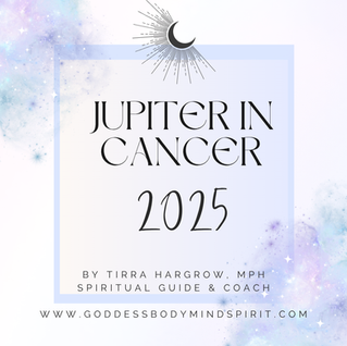 Jupiter in Cancer 2025 text on cosmic background with crescent moon. By Tirra Hargrow, Spiritual Guide. Website link included.