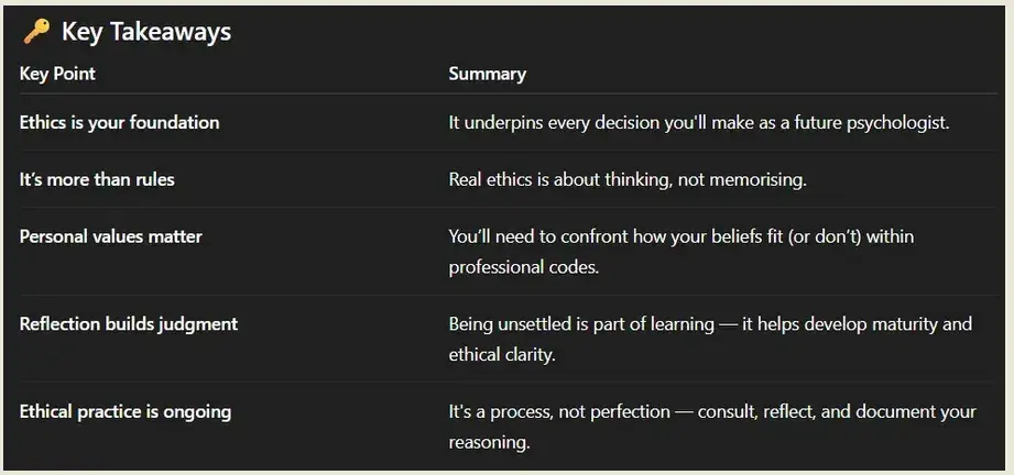 A black table with white font providing overall key takeaways of the ethics prep for 2026 Psychology Masters students