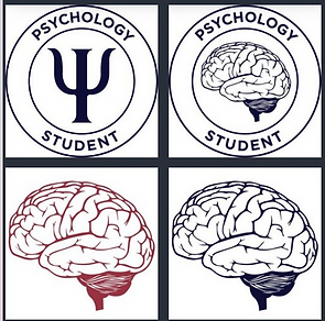 psychology symbol and versions of a brain in profile, line drawings, 4, one in maroon and one in deep blue, others in black line and white background