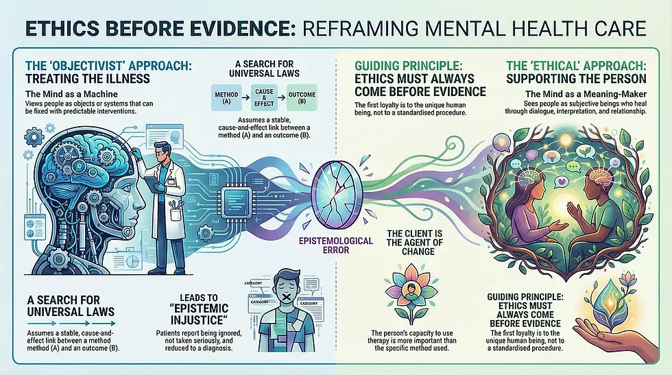 a schematic to explain the main points of the article for prepping for an ethics class in Masters of Psychology; focusing on placing ethics before evidence