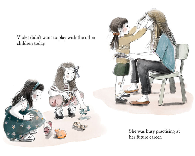 An illustrated scene at nursery, the main characters are a teacher and child playing role play as hairdressers, The teacher is holding a hair brush, and wearing a standard uniform of blue tshirt and jeans and lanyard, the little girl is in a green skirt and mustard coloured jumper. the two other little girls are playing with their toys looking up at the game. One child is wearing a blue dress and the other is wearing pink leggins and a stripy tshirt.