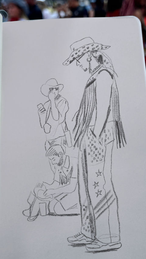 Sketchbook drawings of concertgoers in cowboy‑inspired looks. Live sketchbook studies of fans at a stadium show, capturing outfits and energy.