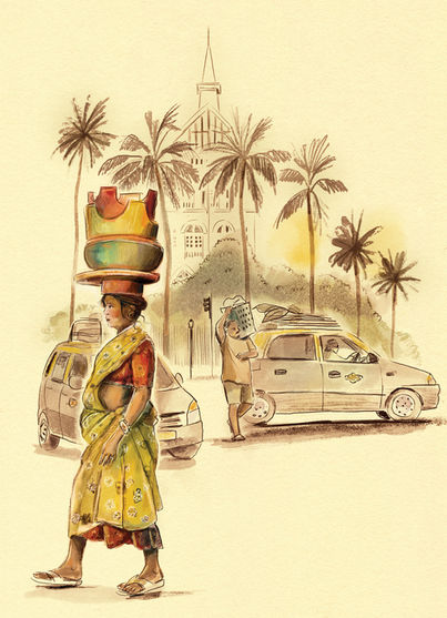 The scene is a hazing typical day in Mumbai, yellow tones and values. The foreground figure is on her way to market. There are the traditioanl taxis of mumbai on the street behind her and a colonial building on the street in the distance