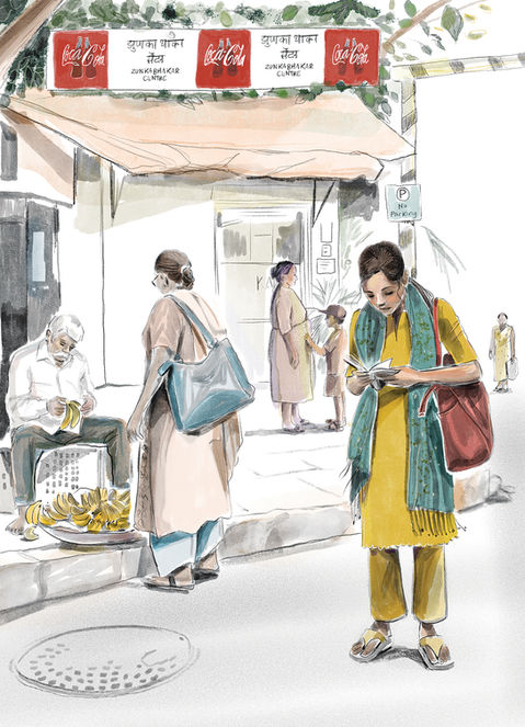 A scene containing a young female pausing on her walk to read a book she holds in her hand, behind her there is an older middle aged male and female, she is buying her bananas from him, there is a silhouetted mother and child in the further distance along with a woman in a yellow sari. The scene is of a busy street in mumbai, near the markets.
