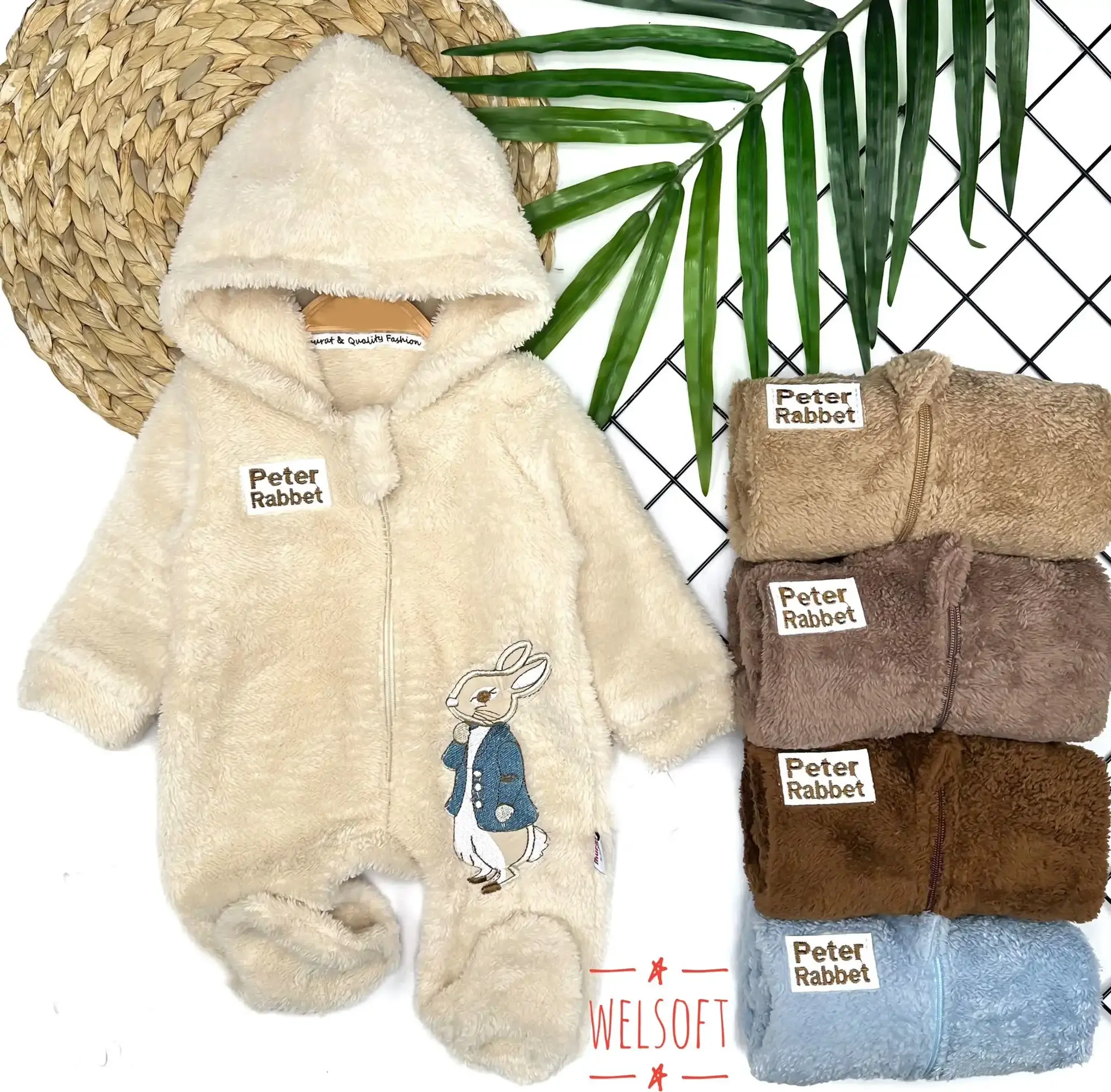 Tavşan Nakışlı Fermuarlı Patikli Tüylü Bebek Tulum