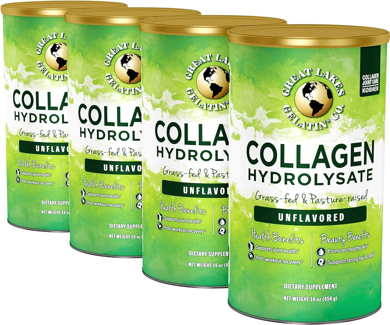 Great Lakes Gelatin, Collagen Hydrolysate, Unflavored Beef Protein, Kosher, 16 Oz Can - 4 Pack