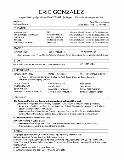 Theatrical Resume - Eric Gonzalez