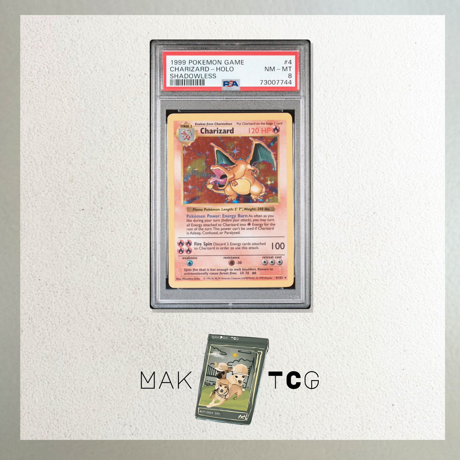 1999 Pokémon Base Set Shadowless Charizard #4/102 Holo - PSA 8 (Cert 73007744)
