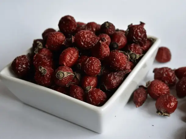 Schale mit getrockneten Hagebutten als gute Vitamin C Quelle