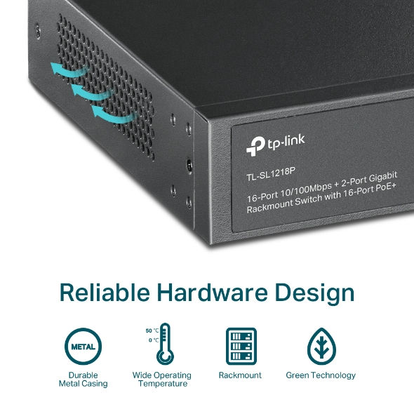 Thumbnail: tp-link 16-Port 10/100Mbps + 2-Port Gigabit Rackmount Switch with 16-Port PoE+ TL-SL1218P