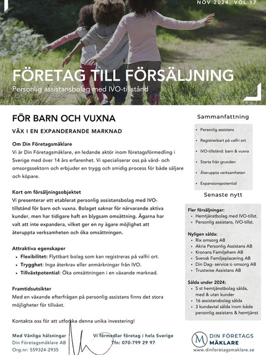 Företagsmäklare inom vård och omsorg. 