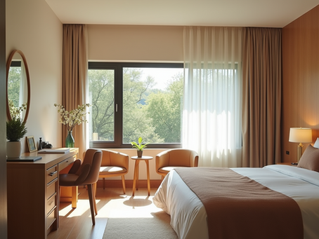 A boutique guest room with warm lighting and elegant furnishings