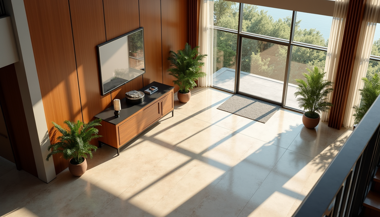 High angle view of a well-staged hotel lobby with modern decor and natural light