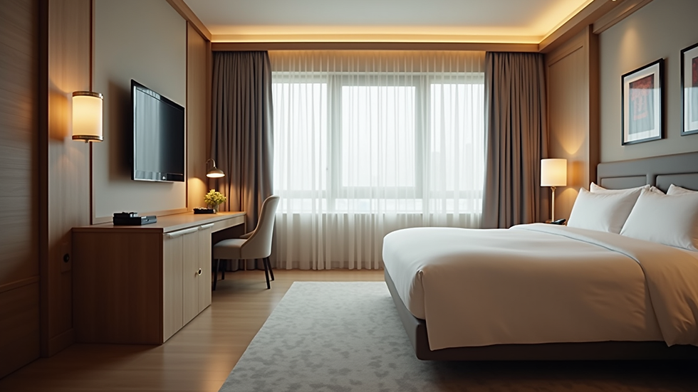 Close-up view of a hotel room interior with modern decor
