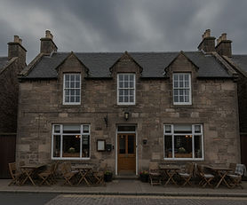 Traditional Scottish stone restaurant and cafe property in Ardersier with large windows, outdoor seating area, and Highland coastal village architecture with dark atmospheric overlay
